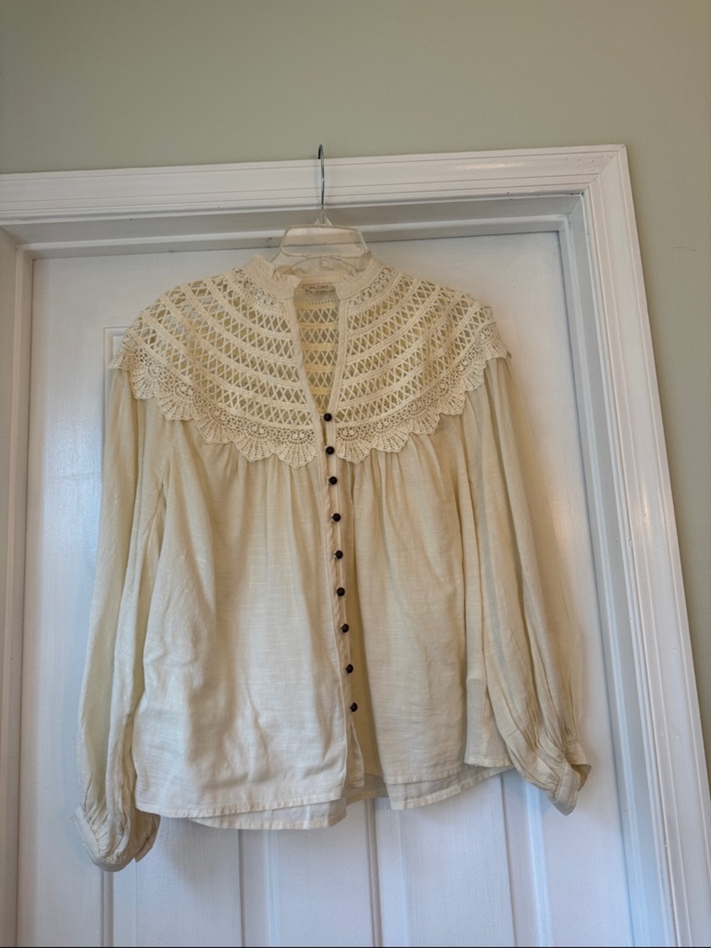 Crochet Yoke Cream Button-Up Blouse